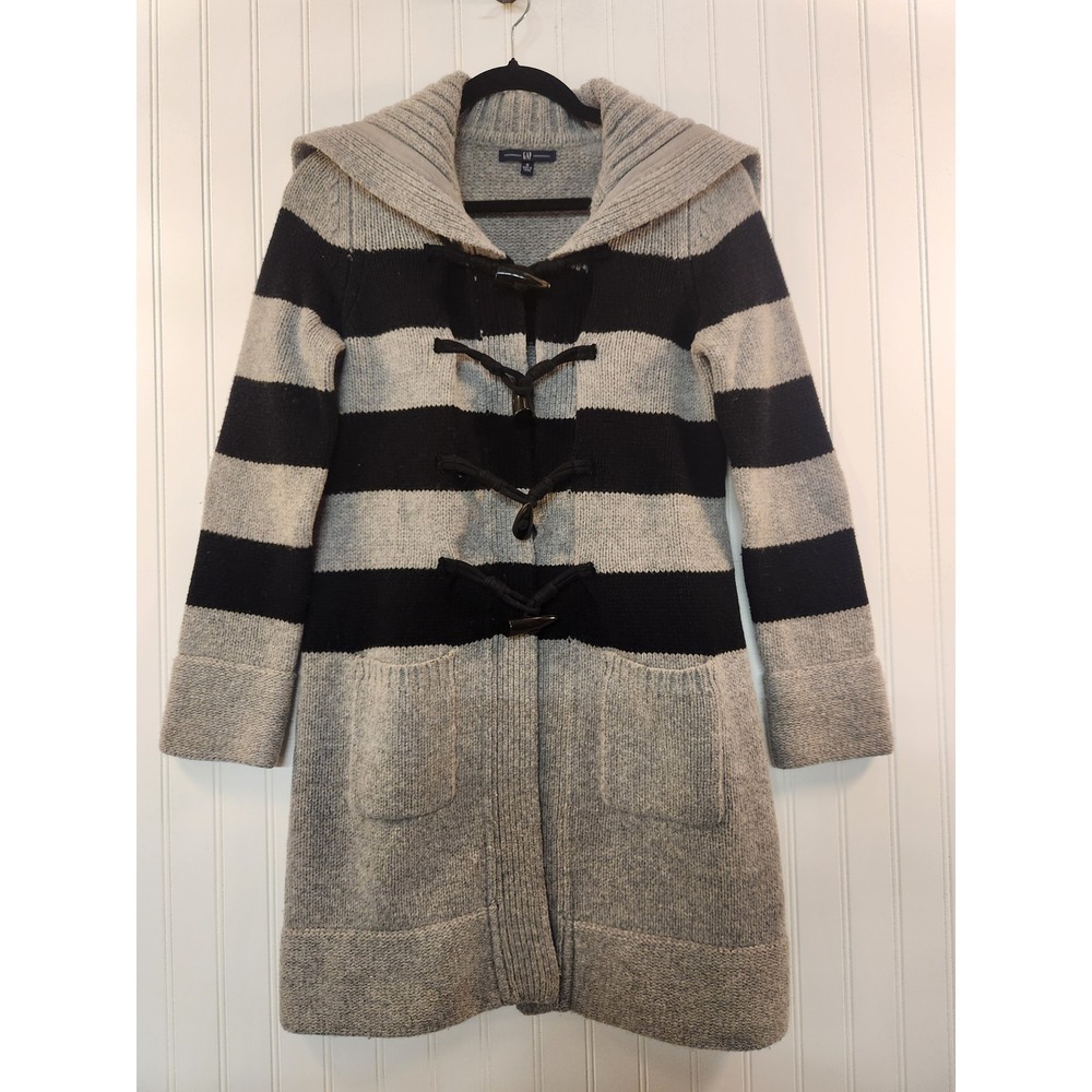 Gap Women Grey‎ Black Striped 100% Lambswool Toggle Long Cardigan Shawl Small